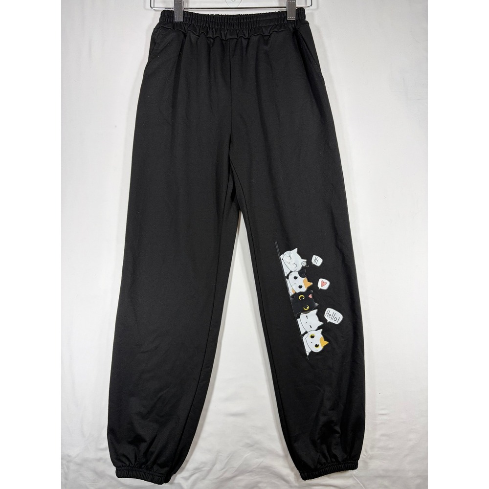 Cat Graphic Joggers Women S Black Good Elastic Waist Sweatpants